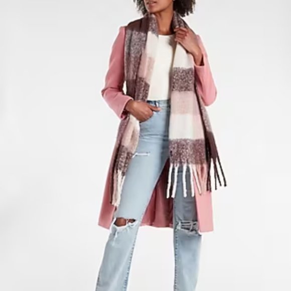 EXPRESS BUFFALO PLAID BRUSHED FRINGE SCARF - WINE - Picture 1 of 4